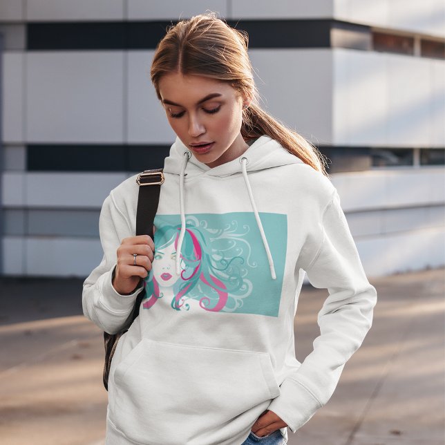 Modern Pop Art Woman Teal and Pink Swirl Hair  Hoodie (Creator Uploaded)