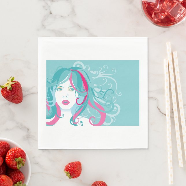 Modern Pop Art Woman Teal and Pink Swirl Hair  Napkin (Creator Uploaded)