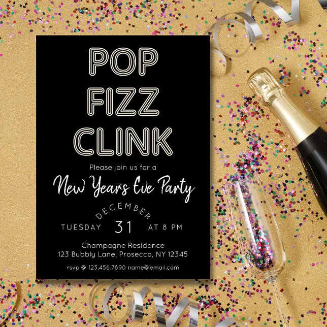 Modern Pop Fizz Clink New Year's Eve Party Invitation (Creator Uploaded)
