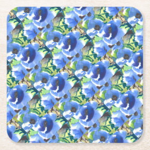 Modern Poppy Floral in Blue and Green Pattern Square Paper Coaster