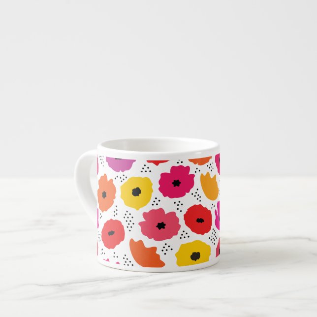 Modern Poppy Pink Red Orange Floral Dots Pattern  Espresso Cup (Front Left)