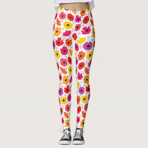 Modern Poppy Pink Red Orange Floral Dots Pattern Leggings