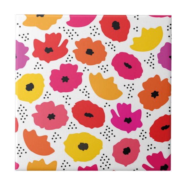 Modern Poppy Pink Red Orange Floral Dots Pattern  Tile (Front)