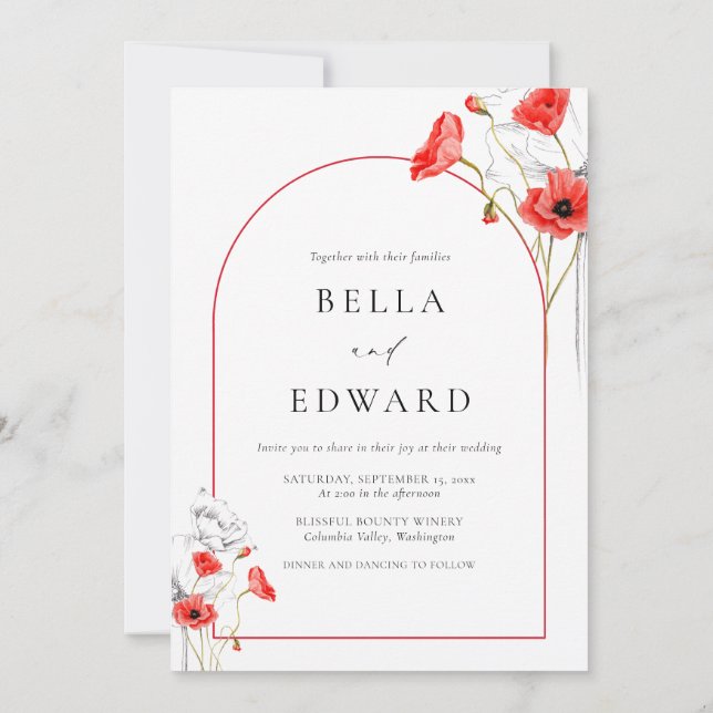 Modern Poppy Red Flowers Arch Photo Wedding Invitation (Back)