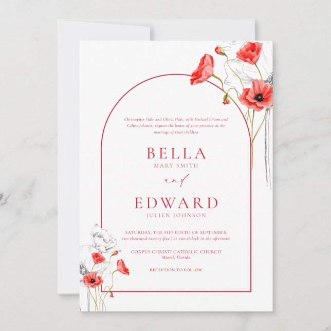 Modern Poppy Red Watercolor Flowers Formal Wedding Invitation (Front)