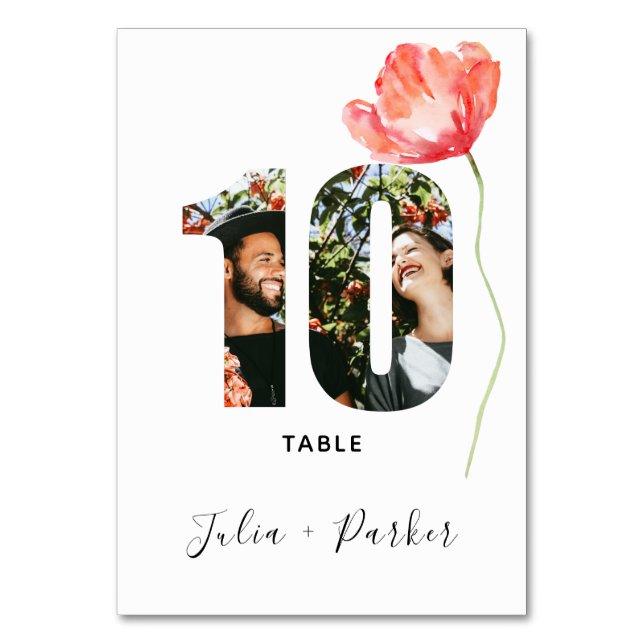 Modern Poppy Red Wedding Table Number 10 (Front)