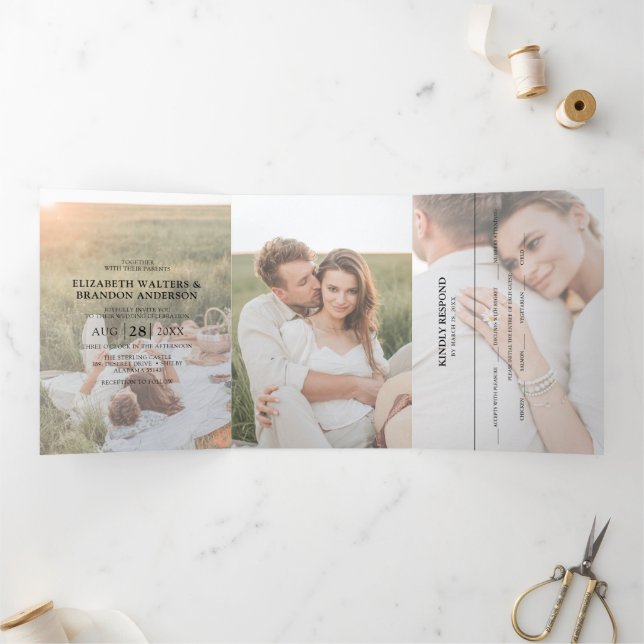 Modern Portrait Photo Collage Overlay Wedding Tri-Fold Invitation (Inside)