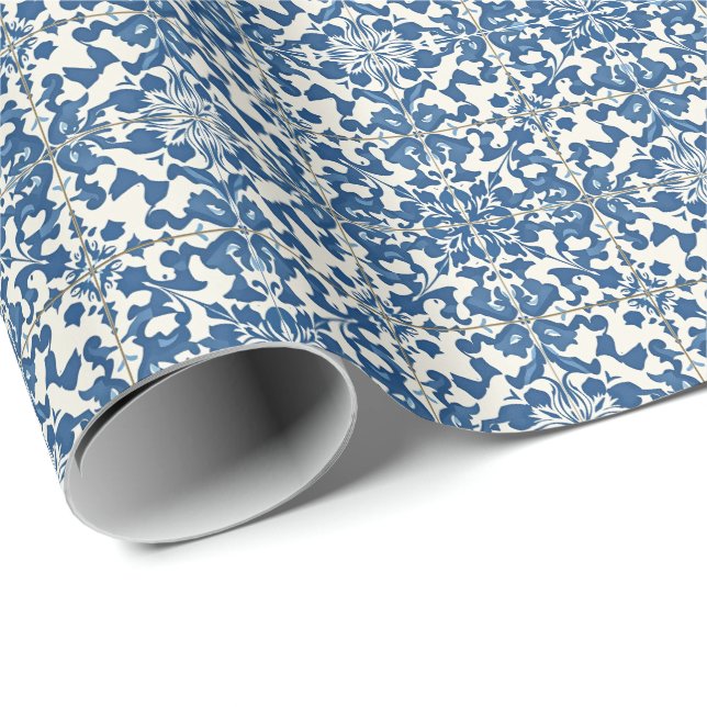 Modern Portuguese Tiles Azulejos Navy and White    Wrapping Paper (Roll Corner)