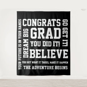 Modern Positive Encouraging Black Congrats Grad Tapestry