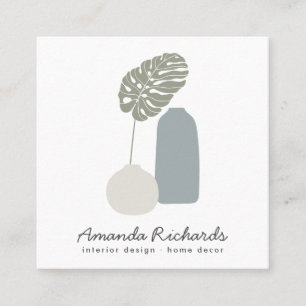 Modern pottery decor plants boho blue soft pastel square business card