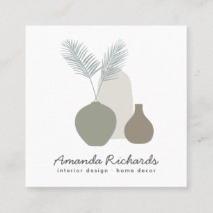 Modern pottery decor plants boho green soft pastel square business card