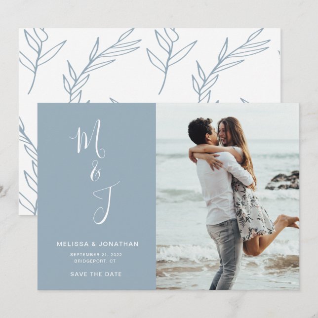Modern Powder Blue Botanical Wedding Save The Date (Front/Back)