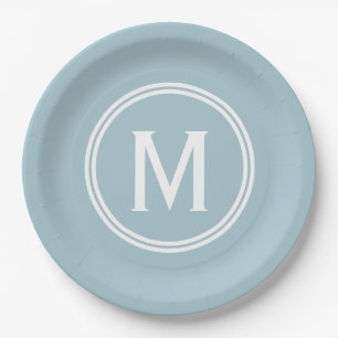 Modern Powder Blue Custom Round Framed Monogram Paper Plate