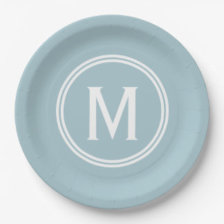 Modern Powder Blue Custom Round Framed Monogram Paper Plate
