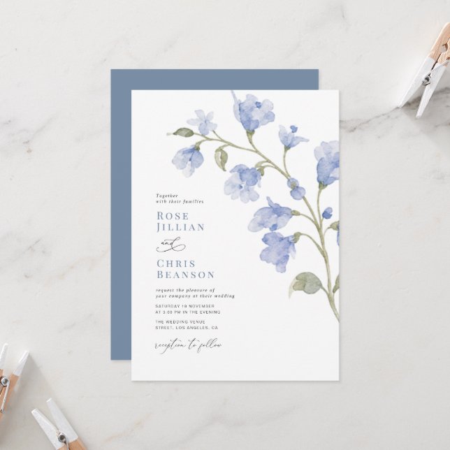 Modern powder blue Floral Wedding Invitation (Front/Back In Situ)