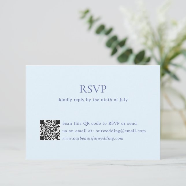 Modern Powder Blue QR Code Elegant Wedding RSVP Card (Standing Front)
