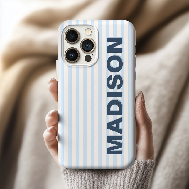  Modern Powder Blue Striped Retired Coworker Name iPhone Case (Modern Vertical Stripe Personalized iPhone case Gift for newlyweds)