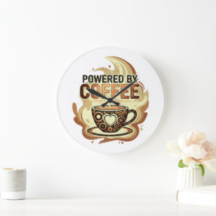 Modern Powered by Coffee – Trendy Coffee Typograph Large Clock