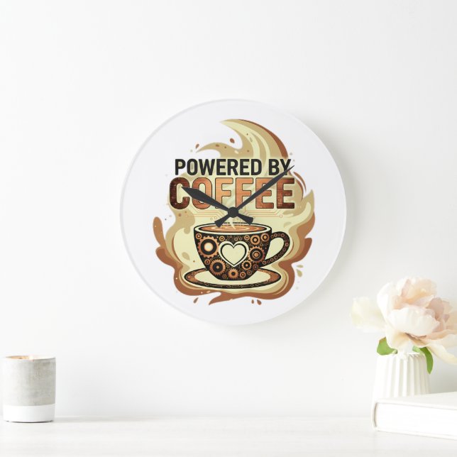 Modern Powered by Coffee – Trendy Coffee Typograph Large Clock (Home)