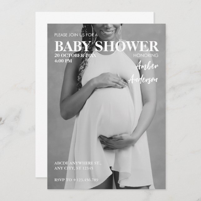 Modern pregnant photo magazine style baby shower invitation (Front/Back)