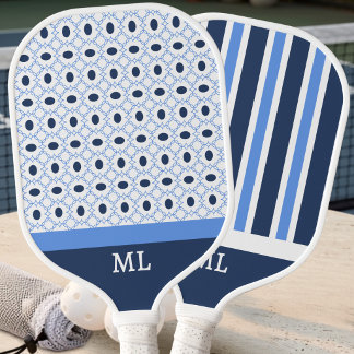 Modern Preppy Blue Navy Geometric Pattern Initials Pickleball Paddle