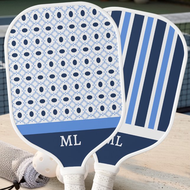 Modern Preppy Blue Navy Geometric Pattern Initials Pickleball Paddle (Creator Uploaded)