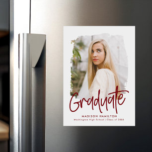 Modern Preppy Burgundy Script Photo Graduation Magnetic Invitation
