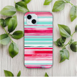Modern Preppy Cyan Magenta Personalised Name iPhone 15 Mini Case<br><div class="desc">Modern Preppy Cyan Magenta Watercolor Stripe Pattern Personalised Name iPhone 15 Plus Cases features your personalised name, monogram or initals in a simple script typography on a modern cyan and mageneta watercolor stripe background. Perfect gift for her for birthday, mum for Mother's Day, sister or bestie for Christmas and holidays....</div>