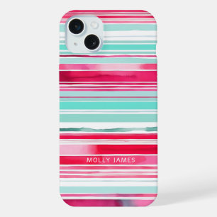 Modern Preppy Cyan Magenta Personalised Name iPhone 15 Plus Case