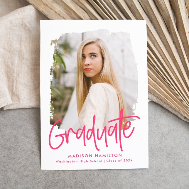 Modern Preppy Hot Pink Script Photo Graduation Announcement (Creator Uploaded)