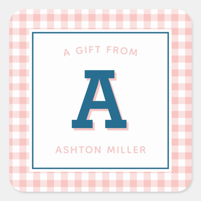 Modern Preppy Monogram and Gingham Square Sticker (Front)