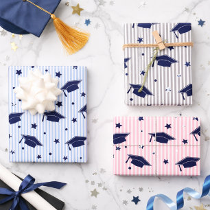 Modern Preppy Navy Blue Graduation Cap Pattern Wrapping Paper Sheet