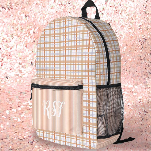 Modern Preppy Orange Plaid and Stripes Girly Printed Backpack (Creator Uploaded)