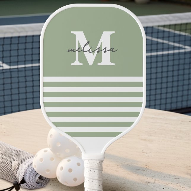 Modern Preppy Pastel Green Monogrammed Name Pickleball Paddle (Creator Uploaded)