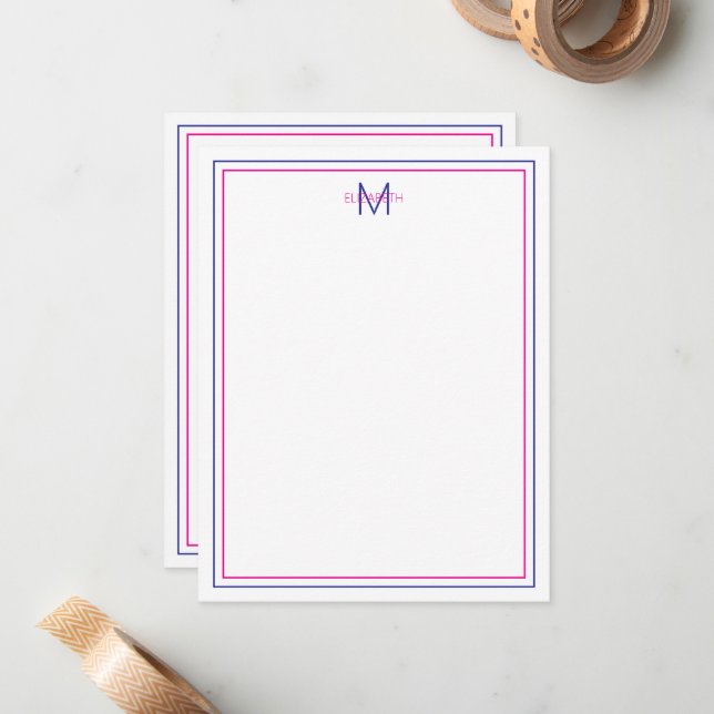 Modern Preppy Pink and Navy Blue Monogram Card (Front/Back In Situ)