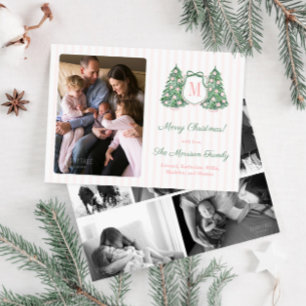 Modern Preppy Pink Green Monogram Bow Photo Holiday Card