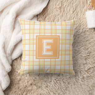 Modern Preppy Plaid Varsity Monogram Orange Yellow Cushion