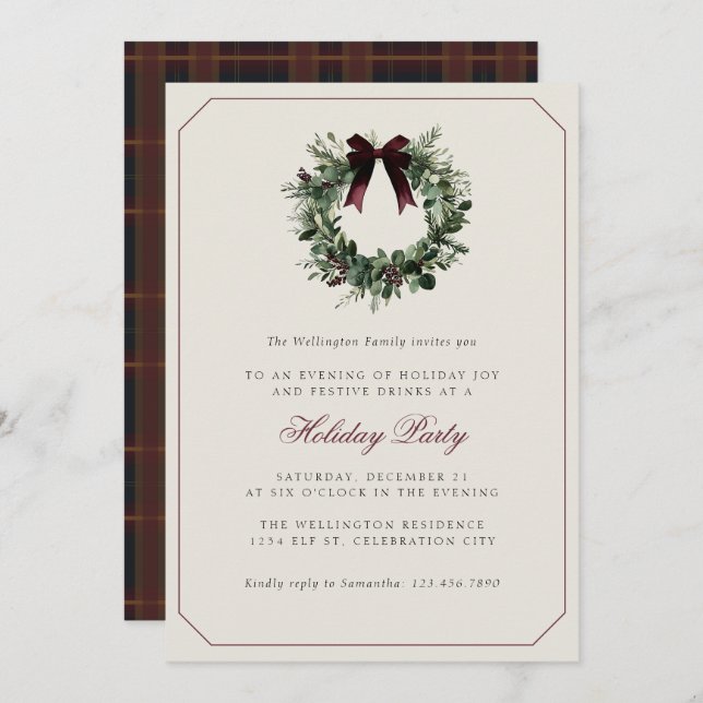 Modern Preppy Plaid Wreath Christmas Party Invitation (Front/Back)