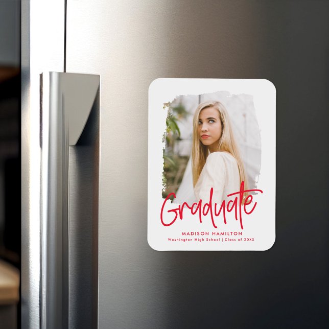 Modern Preppy Red Script Photo Graduation Magnet (Creator Uploaded)