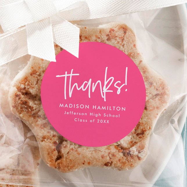 Modern Preppy Script Hot Pink Graduation Thank You Classic Round Sticker (Creator Uploaded)