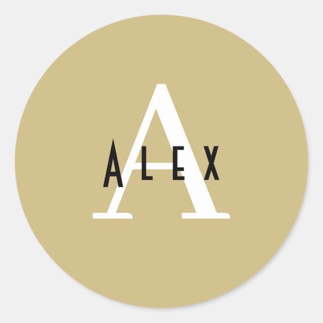 Modern Preppy Tan Monogram Name + Initial Classic Round Sticker (Front)