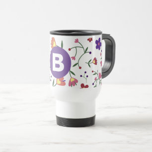 Modern Pretty Colorful Floral Purple Monogram Travel Mug