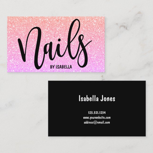 Modern pretty girly bright ombre glitter nails business card (Front/Back)
