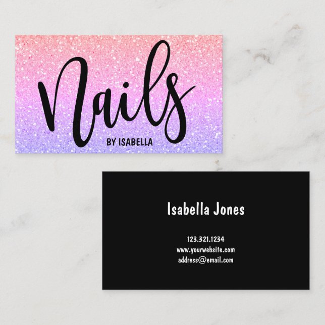 Modern pretty girly bright ombre glitter nails business card (Front/Back)