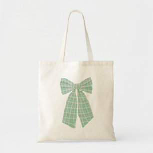 Modern Pretty Green Gingham Romantic Coquette Bow Tote Bag