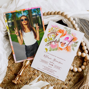 Modern pretty pastel floral chic photo Sweet 16 Invitation