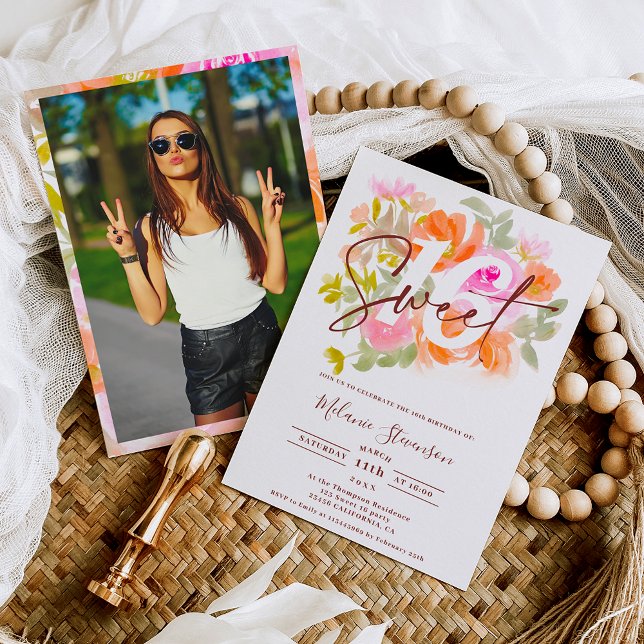 Modern pretty pastel floral chic photo Sweet 16 Invitation (Modern pretty pastel floral chic photo Sweet 16 Invitation)
