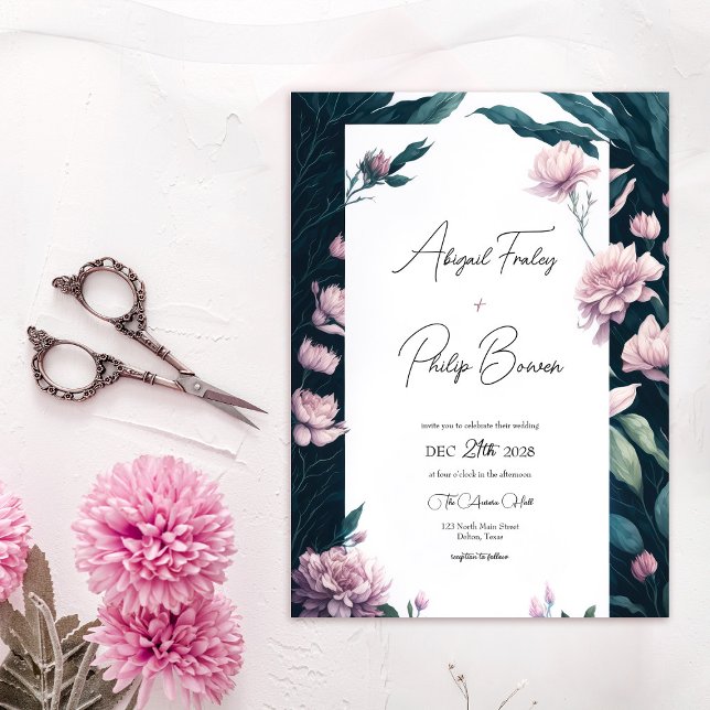Modern Pretty Pink Peony Emerald Leaves Wedding Invitation (Creator Uploaded)