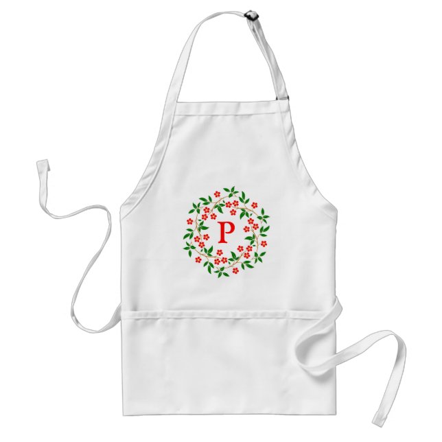 Modern Pretty Red Floral White Monogrammed Standard Apron (Front)