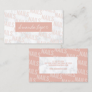 Modern pretty white marble & blush pink nails business card